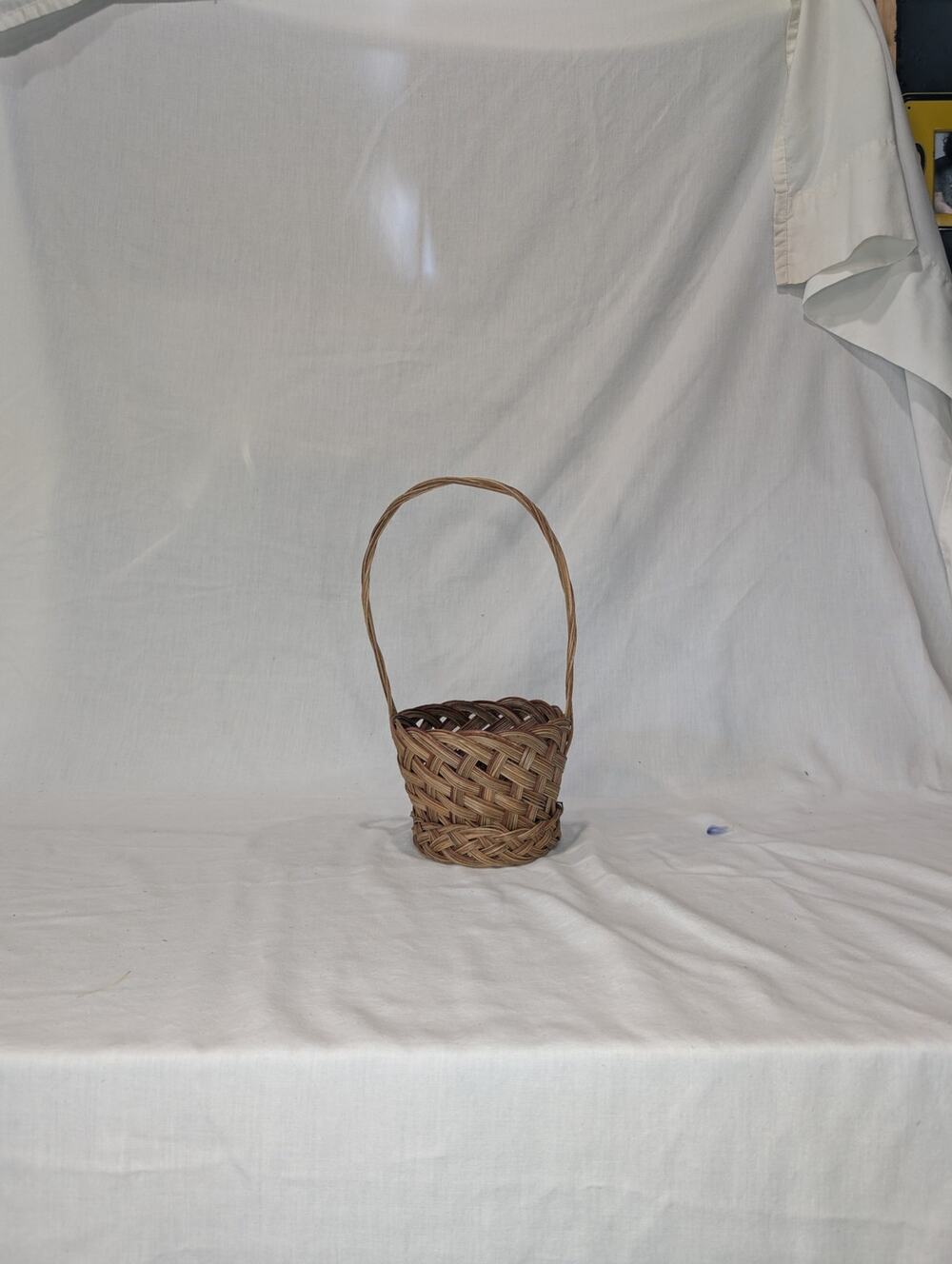 Vintage Woven Basket Tall Fixed Handle Open Weave Flower Gathering Basket